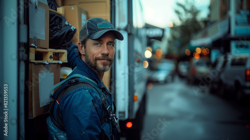 A photograph of a delivery man in a blue uniform carrying boxes and standing next to a white truck with a cold box on the side, looking at the camera with natural evening lighting