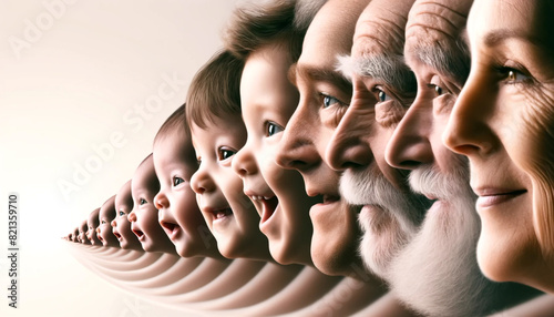 A series of faces, including a baby, a young man, and an old man, are shown in a row. Concept of the passage of time and the different stages of life photo