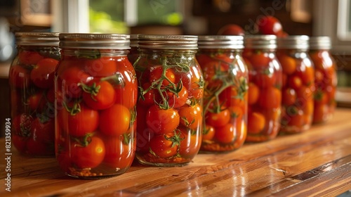 A row of 7 quart jars of home-canned tomatoes on a wooden table. photo