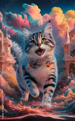 A cat gracefully strolls through fluffy clouds  with a majestic castle standing tall in the background.