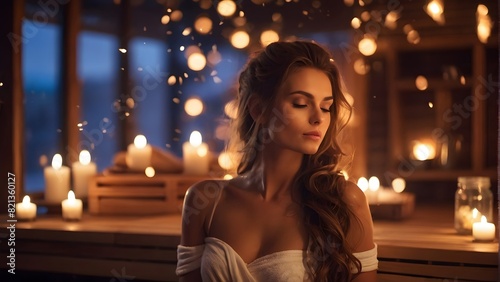 An attractive woman sitting in a relaxing room, romantic and lovely atmosphere, decorated with candlelight