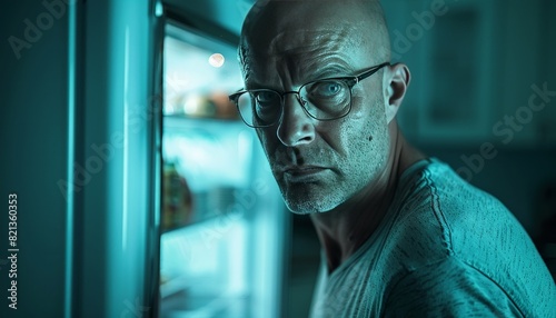 A man with glasses is standing in front of a refrigerator