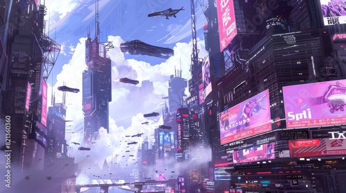 Futuristic city with skyscrapers and flying vehicles for sci-fi and technology themed designs photo