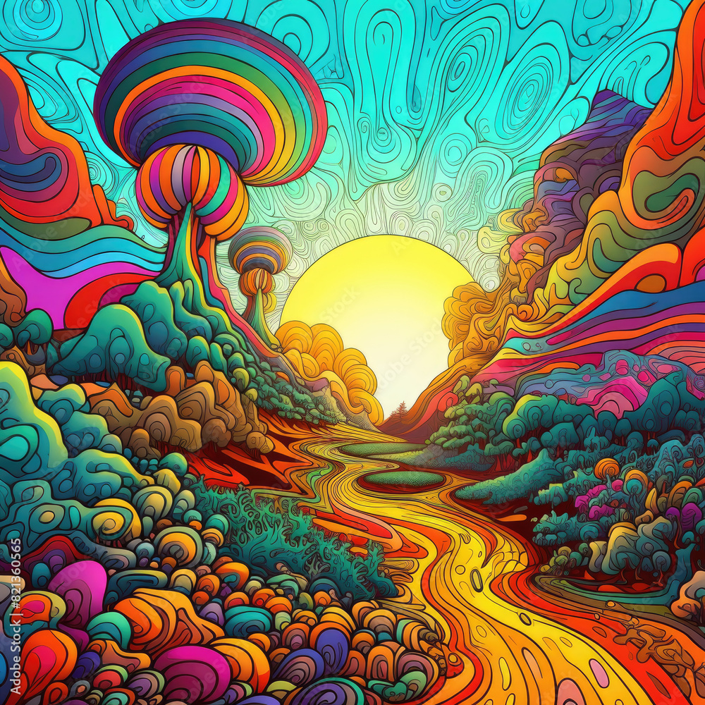 Vibrant and Surreal Illustration of a Psychedelic Trippy Scene with Full Color Palette