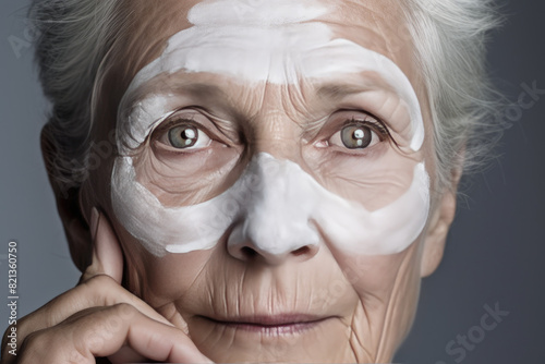 Elderly Swedish woman applying anti-wrinkle cream in a stylish setting photo