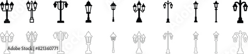 street light lamps and spotlights flat and line icon set. Old and modern street lamp black silhouette city vintage glowing in darkness road in dusk vector collection isolated on transparent background