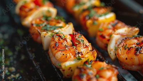 Grilling fresh shrimp skewers with a squeeze of lemon and a dash of garlic photo
