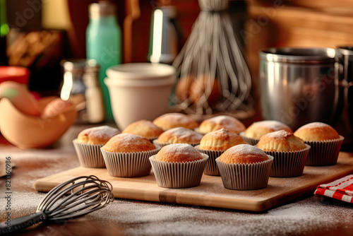 Delicious homemade cupcake on kitchen table photo