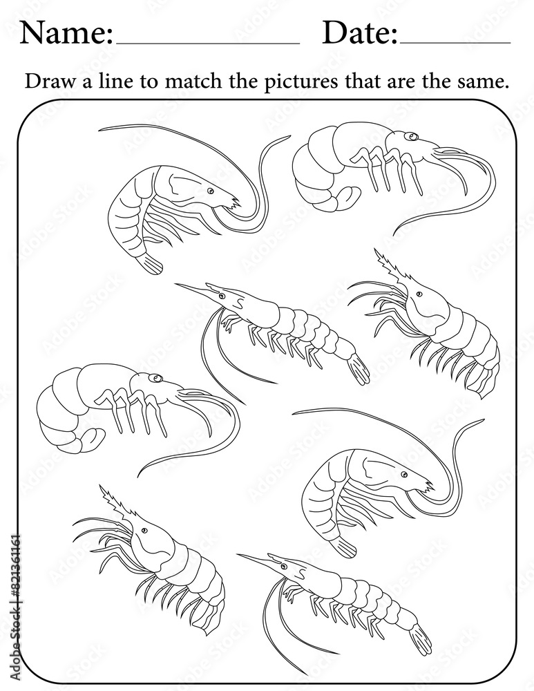 Shrimp Puzzle. Printable Activity Page for Kids. Educational Resources for School for Kids. Kids Activity Worksheet. Match Similar Shapes