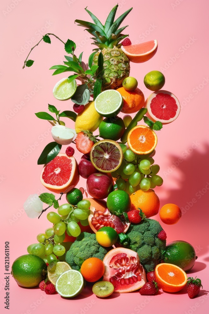 Vibrant Fruit Collection on Pink Surface Vibrant Fruit Collection on Pink Surface