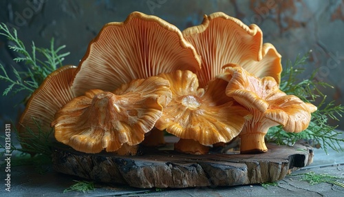 chanterelle mushrooms on a wooden stump. the mushrooms are orange and have a wavy cap. they are growing in a cluster.
