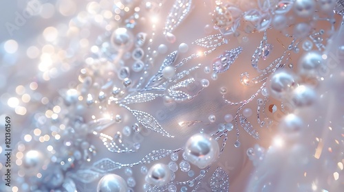 A close-up of intricate beadwork on the bodice of a mermaid-style wedding gown, with shimmering pearls and crystals catching the light from every angle photo