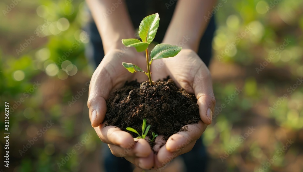 photograph of Hands holding soil with young plant, two people together helping to grow the tree photograph of Hands holding soil with young plant, two people together helping to grow the tree