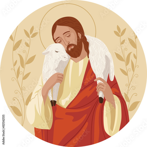 Jesus the Good Shepherd.History of Jesus Christ.Round composition, background with plant elements.Vector religious illustration isolated photo