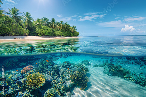 A tropical beach with smooth white sand, clear blue water, and colorful coral reefs just below the surface, with palm trees lining the shore under a bright, sunny sky