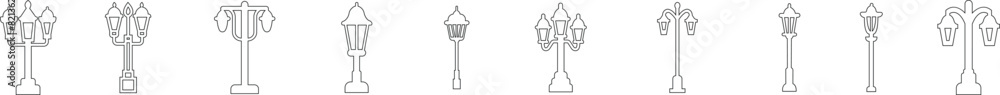 street light lamps and spotlights line icon set. Old and modern street lamp black silhouette city vintage glowing in darkness road in dusk vector collection isolated on transparent background
