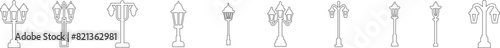 street light lamps and spotlights line icon set. Old and modern street lamp black silhouette city vintage glowing in darkness road in dusk vector collection isolated on transparent background