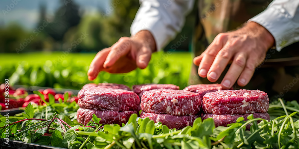 Fresh raw beef cutlets with herbs on a wooden board against the background of farmer's hands