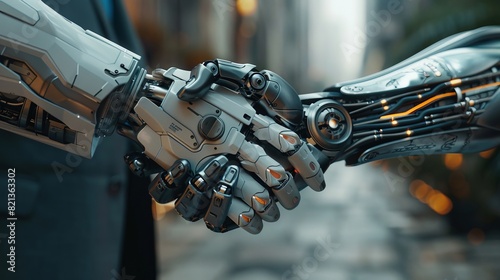 Two robotic hands shaking hands