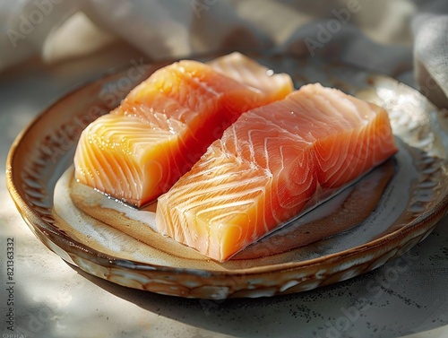 Two pieces of raw salmon fillet on a ceramic plate