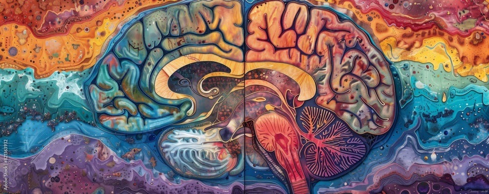 Painting of a human brain with colorful patterns on each hemisphere Painting of a human brain with colorful patterns on each hemisphere