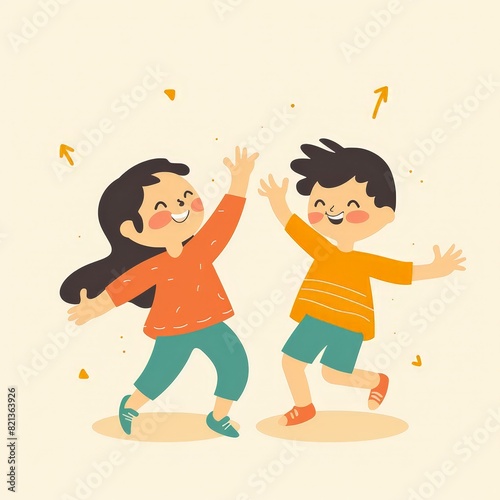 Two children are high fiving each other in a cartoonish style drawing