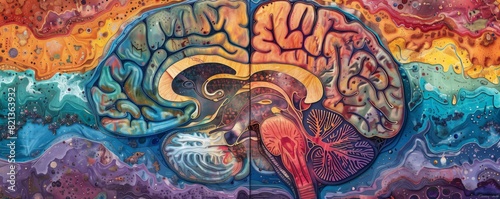 Painting of a human brain with colorful patterns on each hemisphere