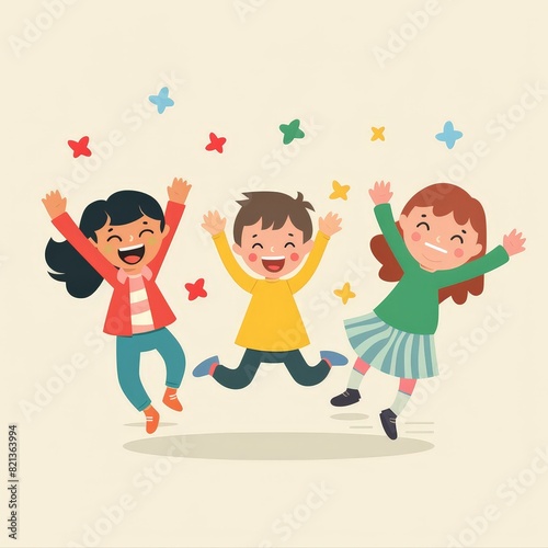 Three children are jumping in the air and smiling