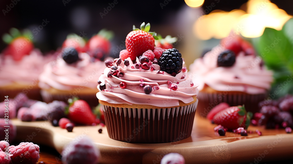 Freshly baked gourmet cupcakes with chocolate icing and berry