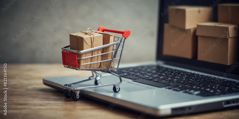 Online trading. The concept.A shopping cart and a laptop.