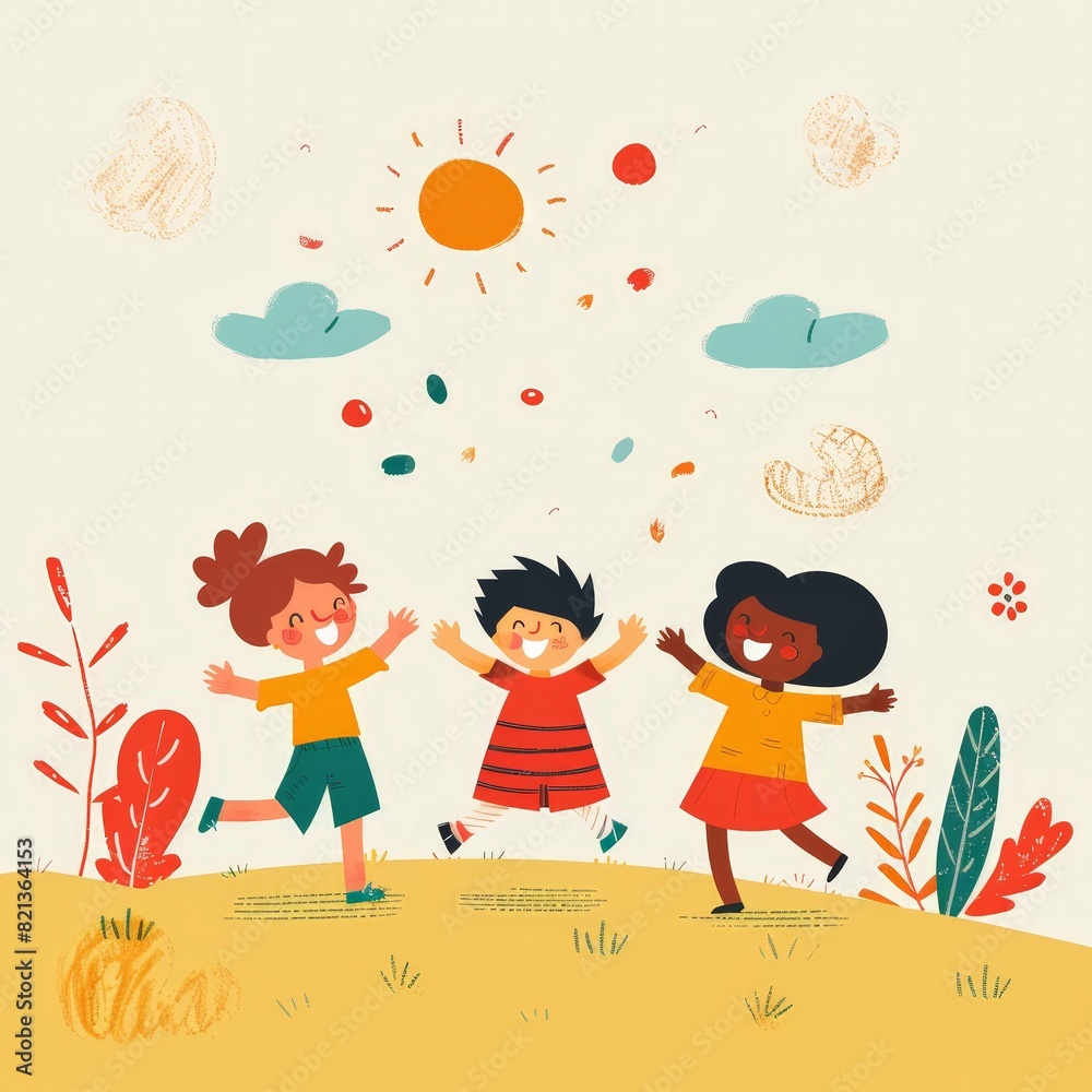 Fototapeta premium Three children are playing in a field with a bright sun in the background