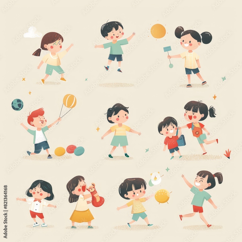 A group of children playing with various toys and sports equipment A group of children playing with various toys and sports equipment