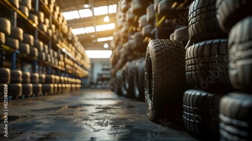 Car tires at warehouse. Generative AI photo