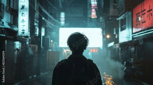 A person is walking down a street in a city with a backpack on