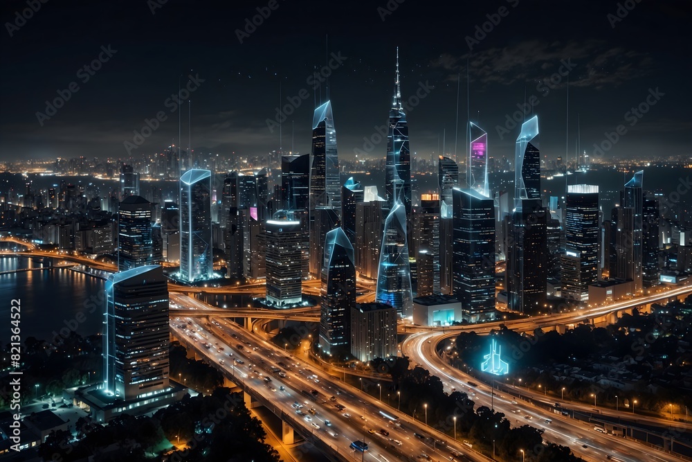Obraz premium Urban Network: Connectivity and Cityscape at Night