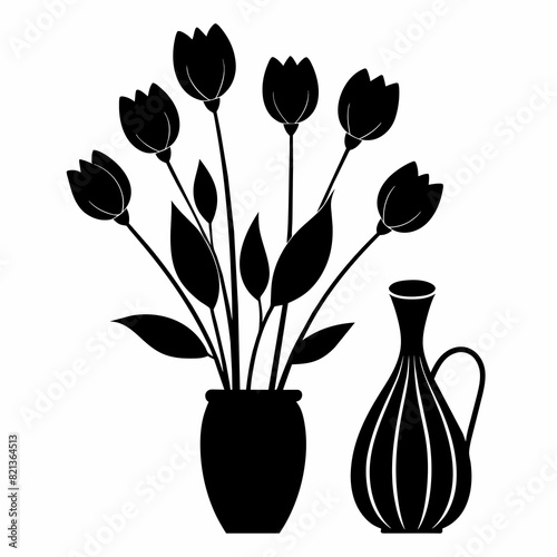 A black silhouette of tulip flowers with vase