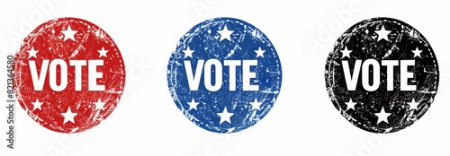 A set of stamp marks isolated on white background. vote text in ink in multiple colors, red and blue and black.	
