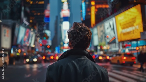 A man stands in the middle of a busy city street