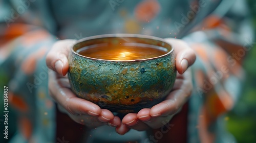 A woman holds a blue ceramic bowl with a lit candle inside. The bowl is filled with smoke, and the woman's hands are covered in ash. Concept of warmth and comfort, as the candle's light