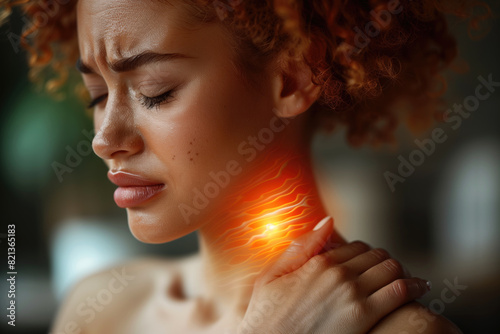 Thyroid gland inflammation, black woman with pain in shoulder and neck, sore throat and cough photo