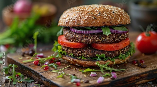 A delicious and healthy quinoa veggie burger with fresh vegetables on a whole wheat bun. Perfect for a quick and easy weeknight meal. photo