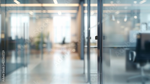 Blurred contemporary office hallway with glass partitions and bright natural light.