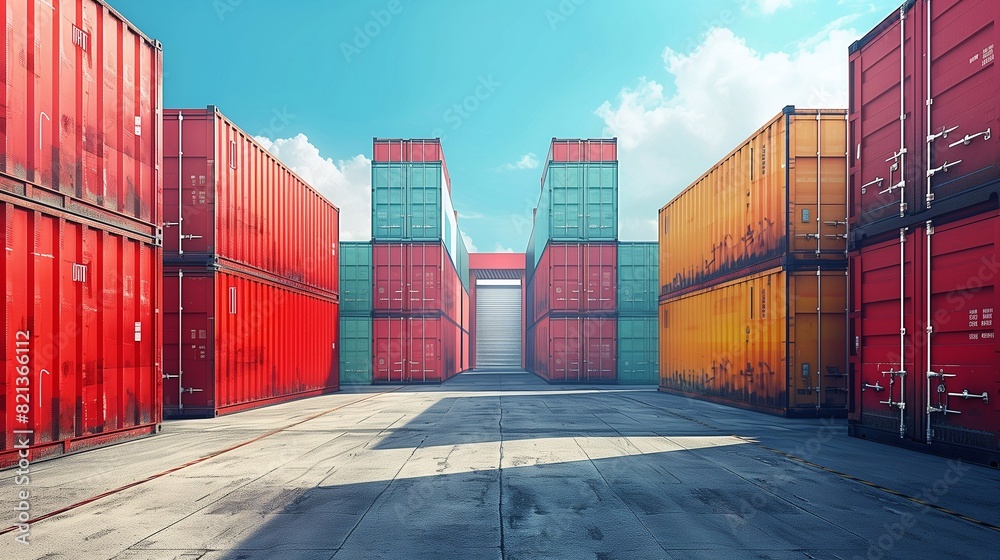 Fototapeta premium freight services background with cargo containers against blue sky. Generative ai
