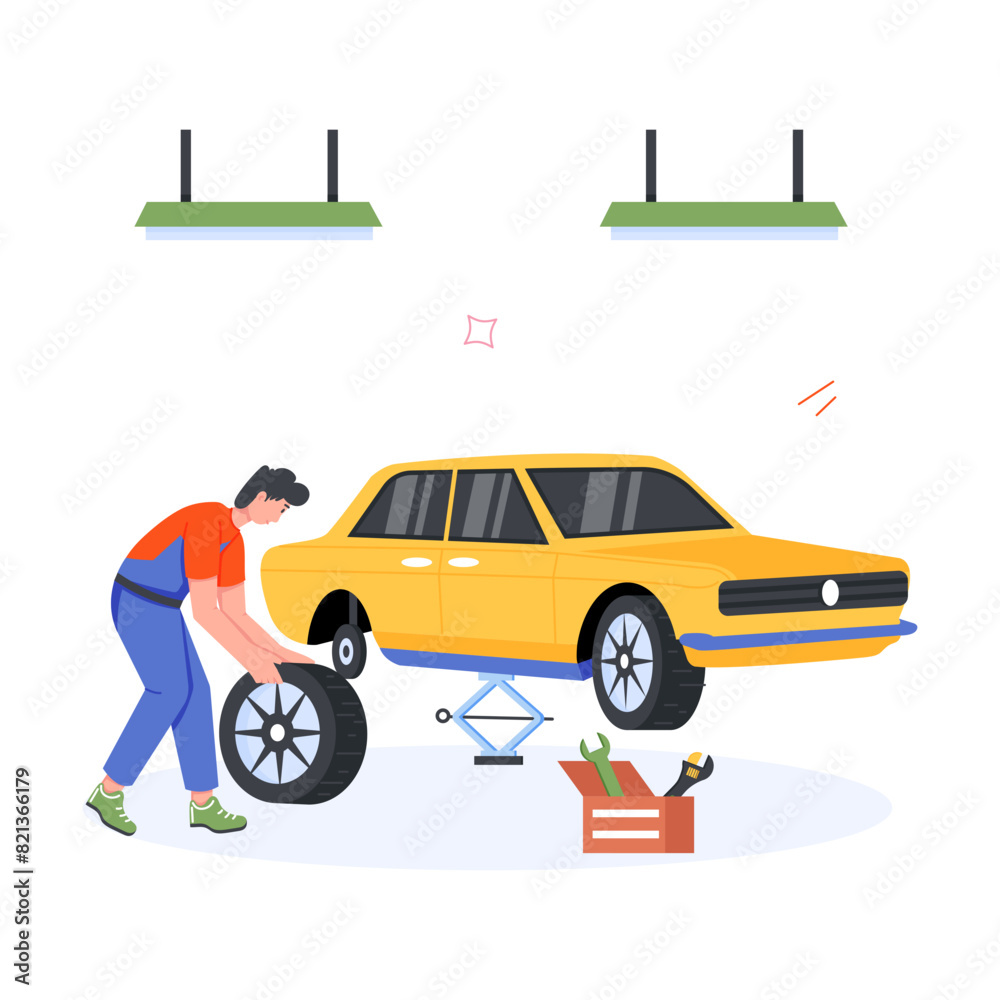 Naklejka premium Handy Pack of Car Mechanics Flat Illustrations