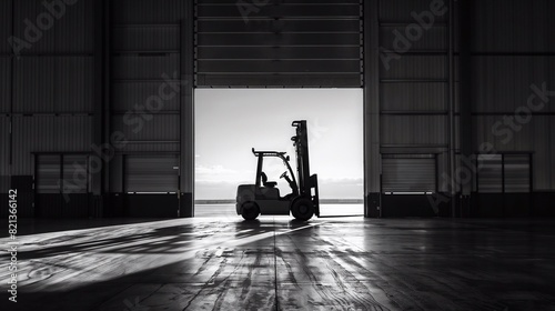 a forklift stands in front of the entrance to a large, modern warehouse. Generative ai