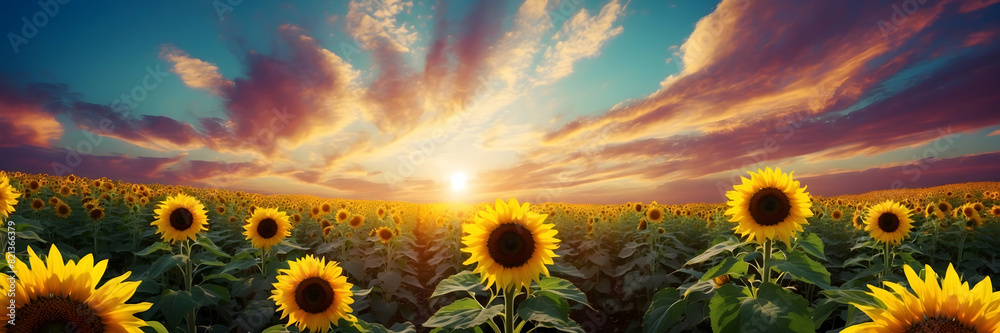 Fototapeta premium Scenic panorama of a sunflower field during sunrise with colorful sky and sunbeams