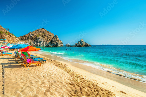A tropical beach with soft golden sand, turquoise water, and a rocky outcrop in the distance, with colorful beach chairs and umbrellas under a clear sky