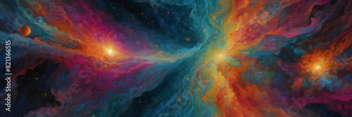 Spectacular cosmic nebula with swirling colors of pink  blue  orange  and purple on a starry space background