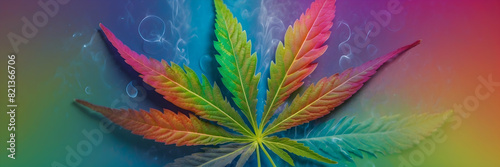 A close-up panoramic image of a cannabis leaf with a rainbow gradient and water droplets, set against a colorful background