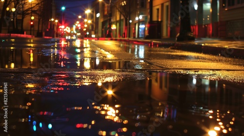 An urban night scene comes alive with streetlight reflections on puddles, creating a magical atmosphere.